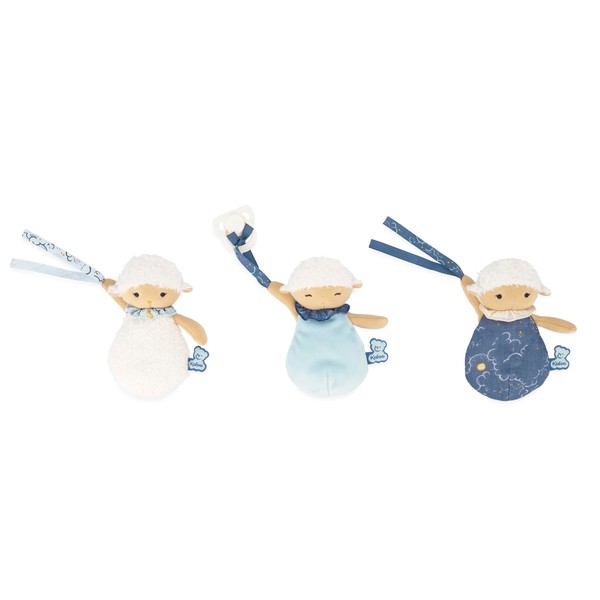 Kaloo - Doux Sommeil - 3 plush dummy straps - 3 plush sheep - dummy holder for baby - 15 cm - blue and white - from birth, K221001