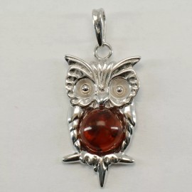 Amber America Natural Cognac / Brown BALTIC AMBER Owl Pendant 925 STERLING SILVER Poland #3509