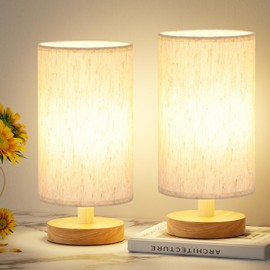 Aooshine Small Table Lamps Set of 2 for Bedroom, Minimalist Bed Lamp with Round Fabric Linen Shade(Bulbs Included)