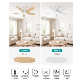 BWGZH Ceiling Fans with Lights and Remote Control，42 Inch Flush Mount Ceiling Fan with Dimmable Light，Noiseless，Low Profile Ceiling Fan with Light for Living Room, Bedroom and Outdoor Use(White)