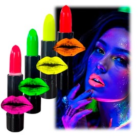 GRUPO CARNAVALLIA Pintura Facial con Labiales UV 4 Labiales Neón Luminoso Luz Uv Negra Lipstick Halloween, Base Cremosa Balsamo Labios de Colores