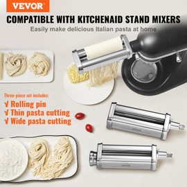 VEVOR Pasta Attachment for KitchenAid Stand Mixer, Stainless Steel Pasta Maker Attachment Includes Pasta Sheet Roller, Spaghetti Cutter, Fettuccine Cutter, 8 Adjustable Thickness Knob Pasta Maker 3Pcs