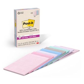 Post-it Notas sper adhesivas de papel 100 reciclado, forradas, 4 pulgadas x 6 pulgadas, 8 blocs, 45 hojas por bloc, pasteles Wanderlust, organizacin  