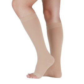 LIN PERFORMANCE 15-20 mmHg Compression Socks for Women and Men Knee High Open Toe Stockings Varicose Vein Swollen legs(XL,Beige)