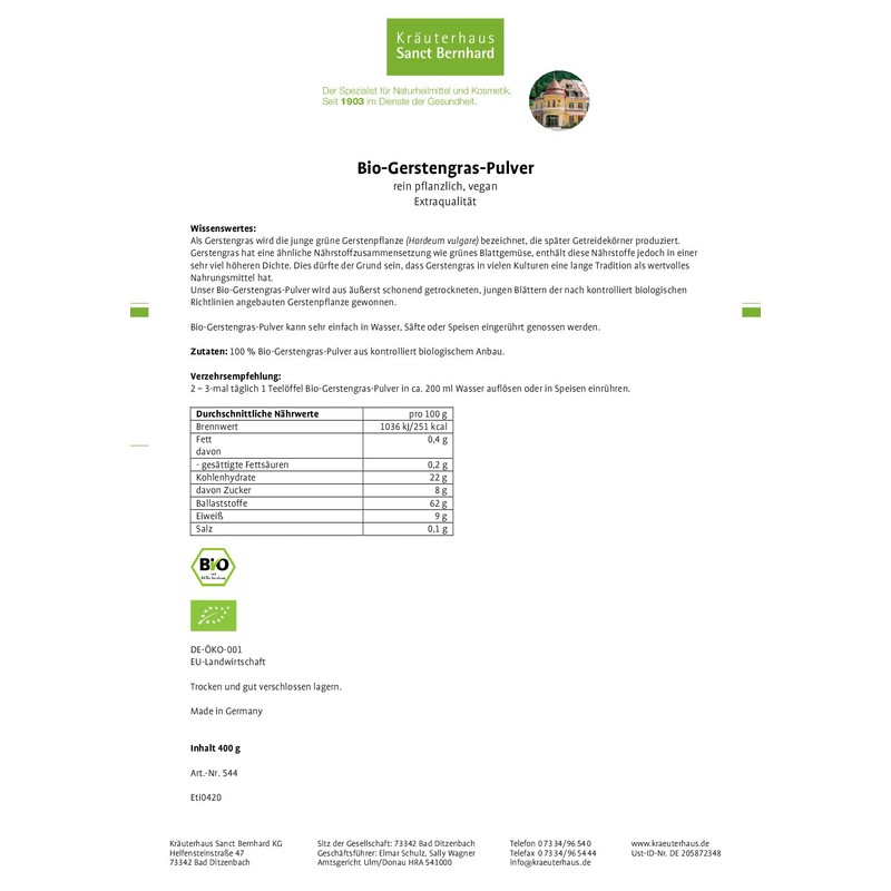 Sanct Bernhard DE-ÖKO-001 Organic Barley Grass Powder Extra Quality 400