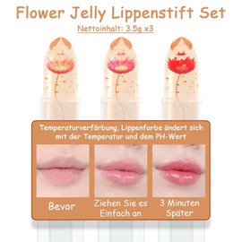 Flower Jelly Lippenstift Set, 3 Stück Magic Temperature Farbwechsel Lippenbalsam, Lipstick Kit Langanhaltende & Feuchtigkeitscreme, Kristall Blumengelee Lip Balm Makeup Set, Geschenk für Frauen