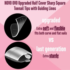 NOVO OVO Upgraded Flexible Half Cover Soft Gel Fake Toe Nail Tips with Auxiliary Line for Toenail Extension, Sharp Square Medium Wide for Men Women Acrylic pedicure in Salon x 15 Sizes 300 Pcs