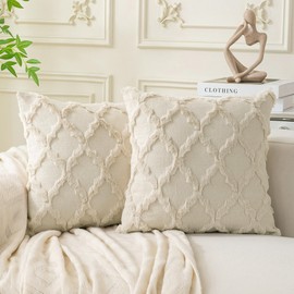 Cozoomy Set of 2 Soft Moroccan Throw Pillow Covers 22x22 Inch Plush Boho Decorative Pillow Cover Accent Cushion Case for Couch Sofa Bed, Beige