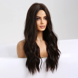 HAIRCUBE Long Black Dark Brown Wig Natural Synthetic Wavy Wig with Middle Part Full Wigs for Women Natural Daily Use