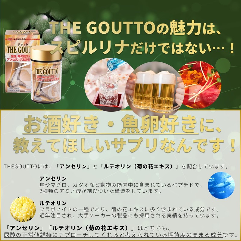 Ribeto(リベト) THEGOUTTO 30日分 スピルリナ アンセリン 亜鉛 葉酸 菊の花 錠剤