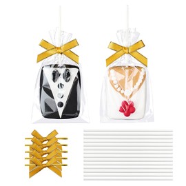 RomanticBaking 50 Sets Clear Rice Krispie Treat Bags with Gold Ribbon Bow and Stick & Flat Cellophane Clear Bags for Rice Krispie Treats Gift Giving Bag(Gold)