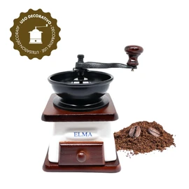 ELMA Manuelle Kaffeemühle aus Keramik für den dekorativen Einsatz, braune Vintage-Stil Retro manuelle Kaffeemühle auf Holz mit Handkurbel, tragbar, Kaffeemühle im antiken Design | Dunkle Holzfarbe