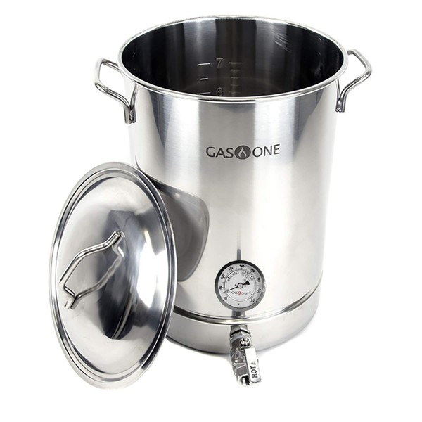 GasOne 8 Gallon Stainless Steel Home Brew Kettle Pot Pre Drilled 4 PC Set 32 Quart Tri Ply Bottom for Beer Brewing Includes Stainless Steel Lid, Thermometer, Ball Valve Spigot - Home Brewing Supplies