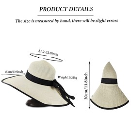 FuninCrea Wide Brim Straw Hat for Women, Large Floppy Beach Cap Foldable Roll Up Sun Hat with Strap for Summer UV Protection (Beige)