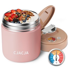 Insulated Food Jar with Temperature Display - 15.2 Oz, Thermo for Hot Food, Soup Thermo, Termos Para Comida Caliente, Width Mouth Stainless Steel Lunch Box with Folding Spoon, Pink