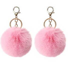 Juroicessry 2 Pcs Pink Cute Pompom Keychains Fluffy Faux Fur Ball Keychain Artificial Faux Rabbit Fur Keychain Fluffy Plush Ball Bag Hanging Pendant Purse Charm Key Holder Women Accessories