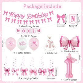 Roetyce 1st Birthday Decorations for Girls, Bow Happy 1st Birthday Banner Balloons Hat Hanging Swirls Kit, Pink Baby Girl One Year Old Birthday Party Supplies, Bow Tie First Birthday Photo Backdrop