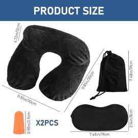 Air-Filled Travel Pillows for Sleeping Airplane Neck Support for Traveling Pillow Inflatable Travel Neck Pillows for Air-Filled Neck Pillow Airplane, with Eye Masks, Earplugs (Black, Adult)