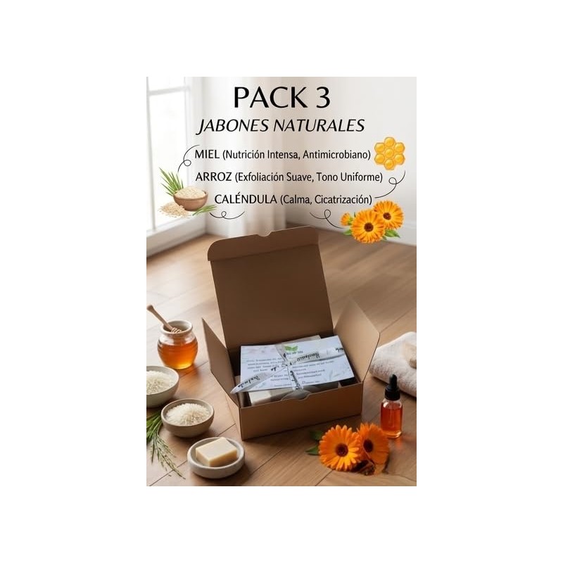 Pack de 3 Jabones Naturales Artesanales, Miel, Arroz y Caléndula,