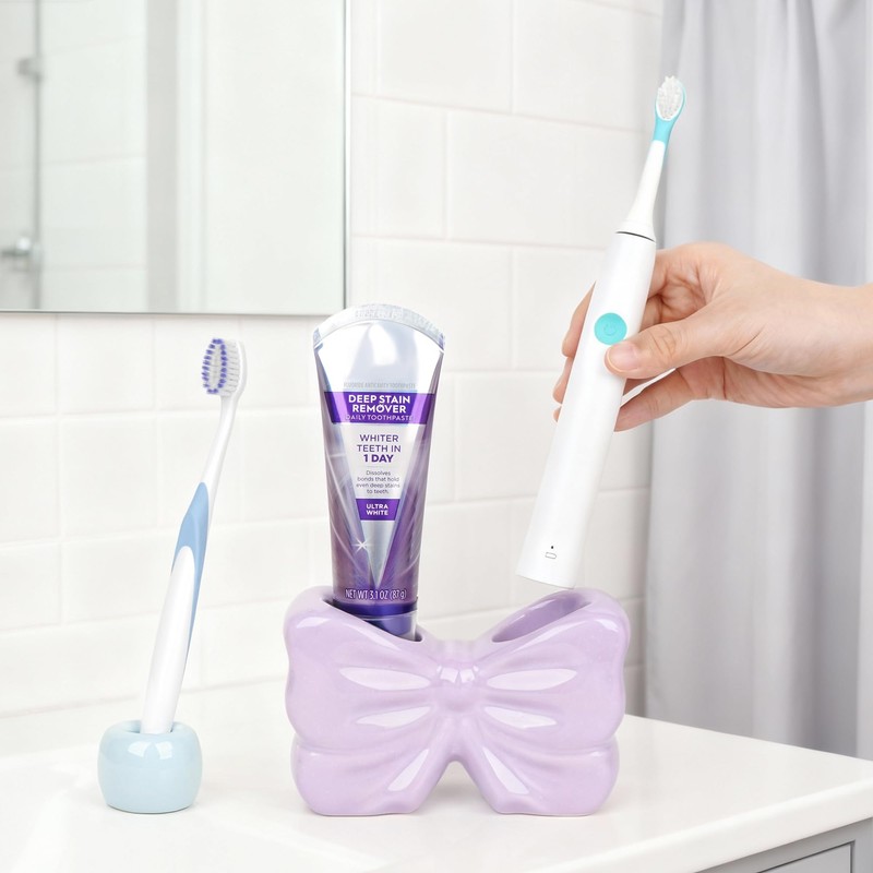 Biiange Bow Electric Toothbrush Holder, Ceramic Cute Toothpaste Holder, Bathroom