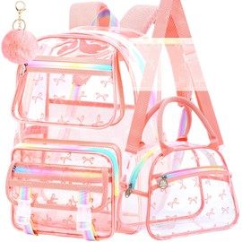 KLFVB 3PCS Clear Bookbag for Girls Heavy Duty, See Through School Backpack Set, Cute Transparent Bag for Women - Bow Pink
