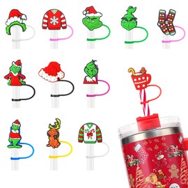 12PCS Silicone Straw Cover, 0.4Inch/10mm Cute Christmas Reusable Straw Cup Accessories Drinking Straw Covers For 30&40 Oz Straw Topper Xmas Theme Party Favors Supplies Straw Cover (Christmas 2)