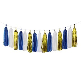 Navy-Blue White-Gold Tassel Garland Streamers- 15pcs Tissue Paper Tassels Banner Party Decorations Men Boy Birthday Graduation Bachelorette Engagement Backdrop Hanging Decor Panduola