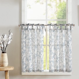 jinchan Linen Kitchen Curtains Floral Tier Curtains 36 Inch Farmhouse Cafe Curtains Tie Top Botanic Small Window Curtains Over Sink for Country Rustic Laundry Room Bathroom RV 2 Panels Blue on Beige