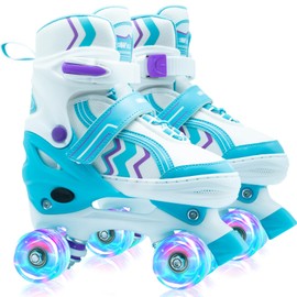 SMOOJOY Kids Roller Skates for Boys and Girls Adjustable Sky Blue Skate with All Light up Wheels Ages 8-12 for Beginner in Outdoor Indoor Sports.
