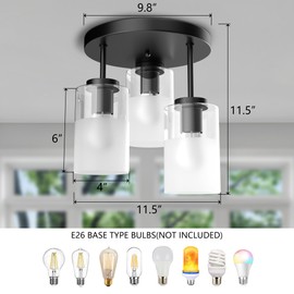 Maxax 3-Lights Black Semi Flush Mount Ceiling Light Fixture, 11.5" Modern Farmhouse Light Fixture with Clear Frosted Glass, E26 Base, for Kitchen, Foyer, Hallway, Entryway, Bedroom, Stairs