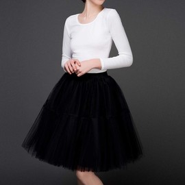 Tulle Skirt,Women's Midi Tulle Skirt Princess Fluffy Five Layers A line Party Prom Dresses (S, Black)