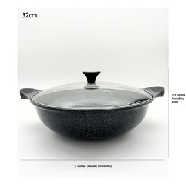 Dream Chef Non stick Marble Coated Two Handle Wok Pan with Lid 32cm, Black, HKA-146