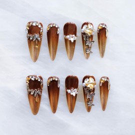 GLORS Luxury Long Stiletto Press-On Nails, Brown and Gold Stiletto with 3D Rhinestones and Pearls, Handmade False Nail 10 Pieces (Large, LS)
