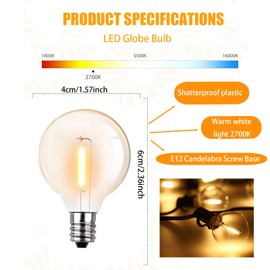 rincentd G40 LED Replacement Light Bulbs, 1W LED Plastic Clear Globe Bulb fits E12 C7 Candelabra Screw Base Sockets, LED Edison Light Bulbs for Indoor Outdoor Patio Decor, Warm White (25 Pack)