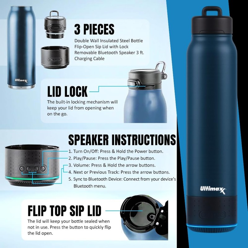 Ultimaxx Vacuum Insulated Premium Water Bottle with Bluetooth Speaker -