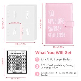 Money Saving Binder - 100 Envelopes Money Saving Challenge, Savings Book with Cash Envelopes Easy and Fun Way to Save $5,050, 100 Envelope Challenge Binder for Budgeting Money Saving (Pink Classic)