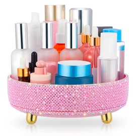 Honeydak Pink Bling Perfume Makeup Organizer Bling Mother's Day Nurses Day Gifts for Women Bathroom Organizers and Storage 360 Rotating Makeup Organizer for Countertop(Pearl)