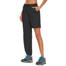 PINSPARK Women's Zip Off Hiking Pants Quick Dry Nylon Sweat Pants Convertible Shorts Lightweight Camping Track Pants Black M
