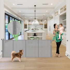 Reinforced 120" Extra Wide Retractable Baby Gate with Support Rods – Prevent Crawling Under, 10 Foot Extra Long Dog Gate Large Baby Gate for Large Openings, Mesh Gate Retractable Pet Gate, Gray