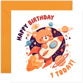 1st Birthday Card for Boys and Girls - Bear Spaceship Universe - Children Kids Happy Birthday Card Age 1 Year Old Boy or Girl - First Birthday Gifts for Him Her - Son, Daughter, Niece, Nephew