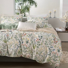 BUPIRD King Duvet Cover Cotton Floral 100% Soft Cotton 3 Pieces Bedding Set for Girls Fresh Chic Garden Style Green Botanical Floral Pattern Printed King Flowers Duvet Cover, with Zipper Closure