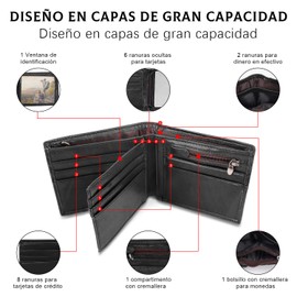 Carteras para Caballero, Billetera Hombre de Piel, Tarjeteros Monedero con RFID Bloquea y Ventana de Identificación, Mens wallet Minimalista Plegable con 16 Bolsillos para Tarjetas de Crédito(Negro)