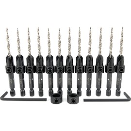 FTG USA 12 Pc #6 (9/64") Countersink Drill Bit Set with Depth Stop Collar, Hex Wrench - Tapered Drill Bits for Wood
