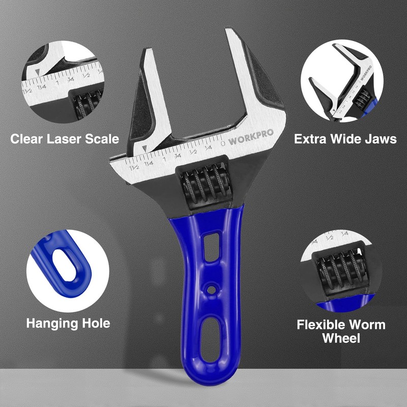 WORKPRO 6-Inch Stubby Adjustable Wrench, 1.5-Inch Extra Wide Jaw Opening