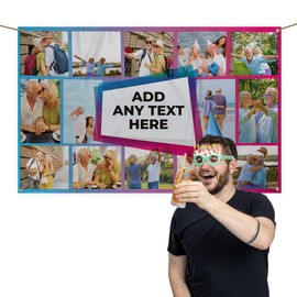 Add Pictures & Text Blue Pink Generic Photo Celebration Banner - 14 Photo - 5 x 3ft | Birthday, Anniversary, Party Backdrop | For Use Indoor & Outdoor - Made in England
