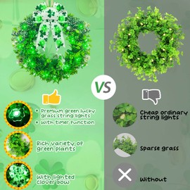 16" St Patricks Day Wreath for Front Door - 28 Clover Green Lights Battery Operated Shamrock Wreath with Bow, Spring Artificial Wreath Irish St Patricks Day Decoration for Wall Window Porch Home