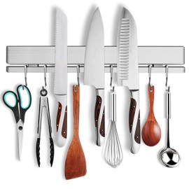 HomeSimplex 12 Inch Magnetic Knife Holder for Wall or Fridge with 6 Hooks No Drill - Adhesive Double Magnetic Knife Bar - Refrigerator Knife Magnetic Strip - 304 Stainless Steel Kitchen Utensil Holder