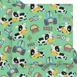 Cute Cow with Farm Themed Wrapping Paper,4 Sheets Green Animal Gift Wrapping Paper Cow Farmhouse Tractor Art Paper for Birthday Christmas Spring Party Boys Girls Kids Gift Wrap Paper,28x20 Inches