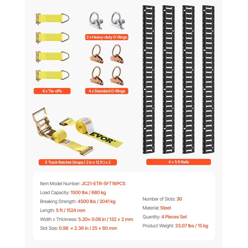 VEVOR E-Track Tie-Down Rail Kit, 5' E Tracks Set, 16Pcs