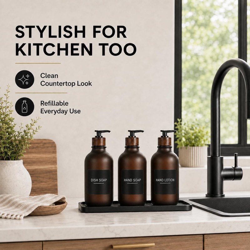 Matte Soap Dispensers with 22 Black Waterproof Labels and Walnut